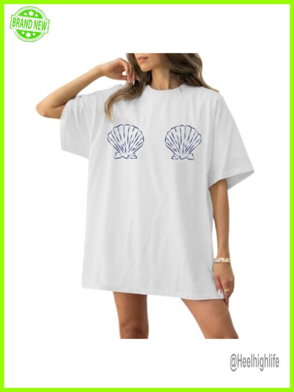 Oversized Seashell Graphic T-Shirt Cotton Blend Crewneck Tropical Summer Top
